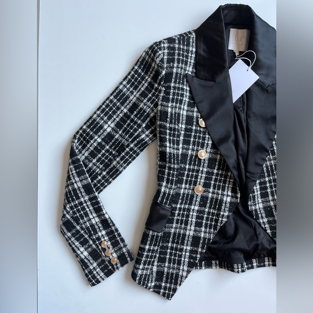 NWT Rachel Parcell Black and White Plaid tweed Blazer - Picture 4 of 16